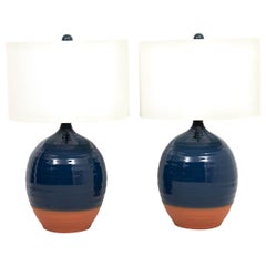 Pair of Blue Glazed Terracotta Lamps