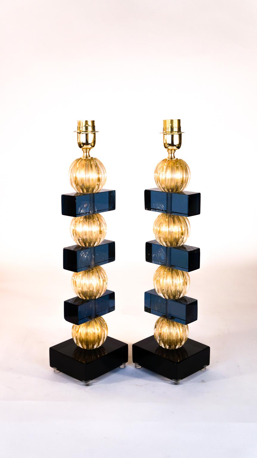 Alberto Donà Murano Pair of Blue Gold Venetian Glass Table Lamps, 1980s For Sale 5