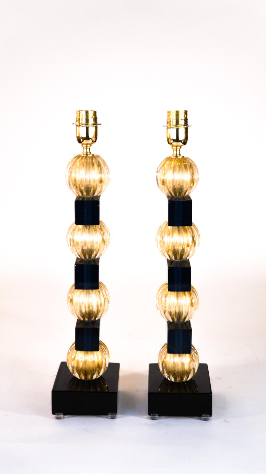 Alberto Donà Murano Pair of Blue Gold Venetian Glass Table Lamps, 1980s For Sale 7