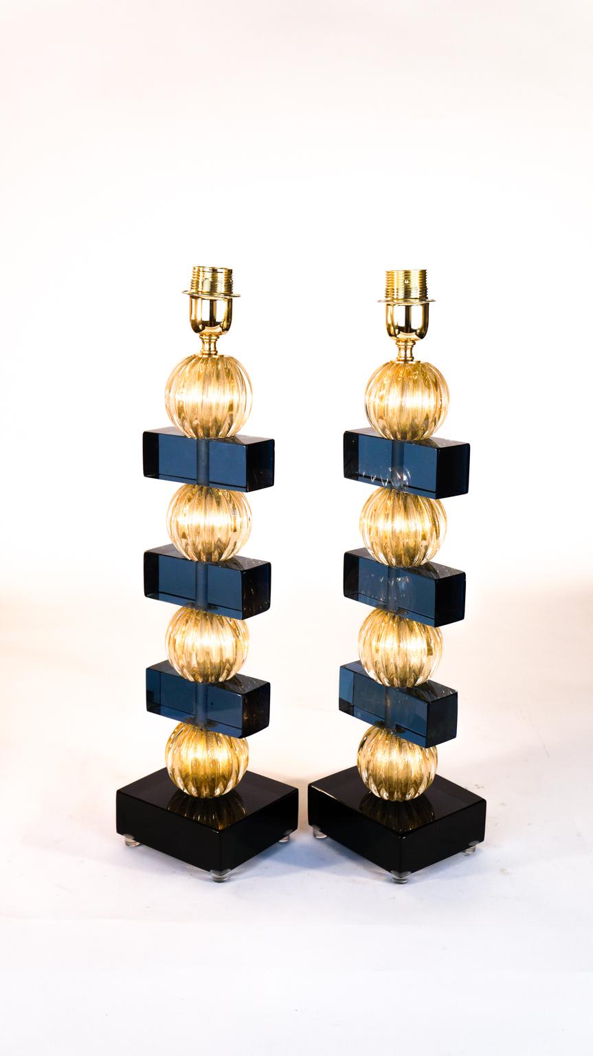 Alberto Donà Murano Pair of Blue Gold Venetian Glass Table Lamps, 1980s For Sale 8