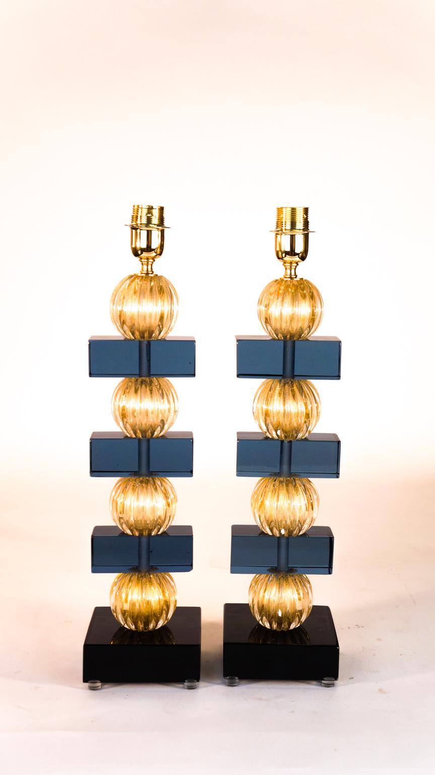 Alberto Donà Murano Pair of Blue Gold Venetian Glass Table Lamps, 1980s For Sale 11