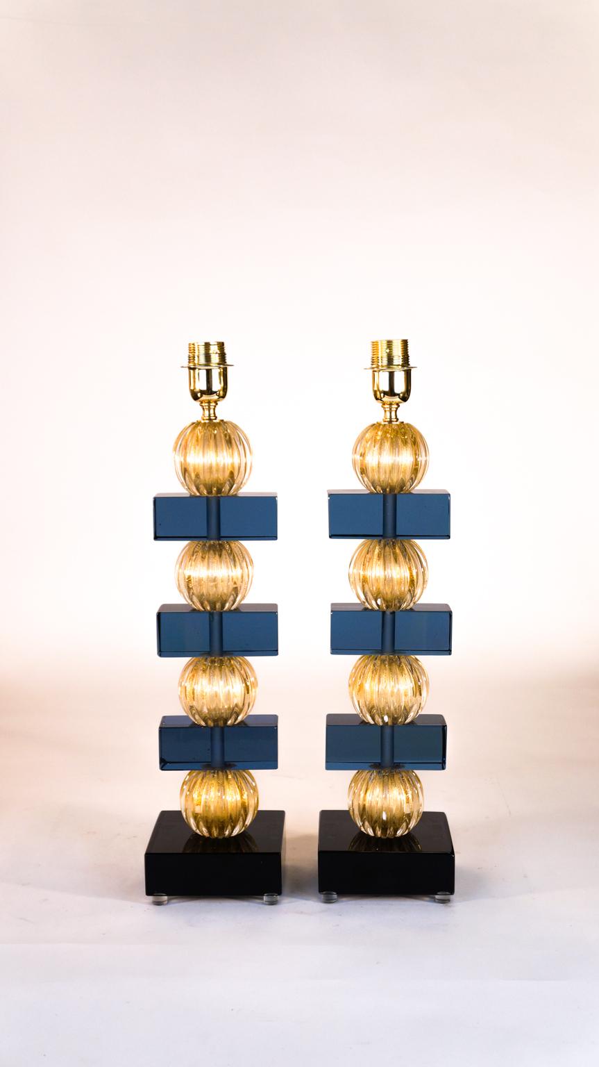 Alberto Donà Murano Pair of Blue Gold Venetian Glass Table Lamps, 1980s For Sale 12