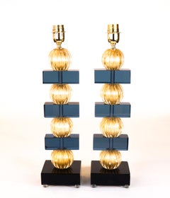 Alberto Donà Murano Pair of Blue Gold Venetian Glass Table Lamps, 1980s