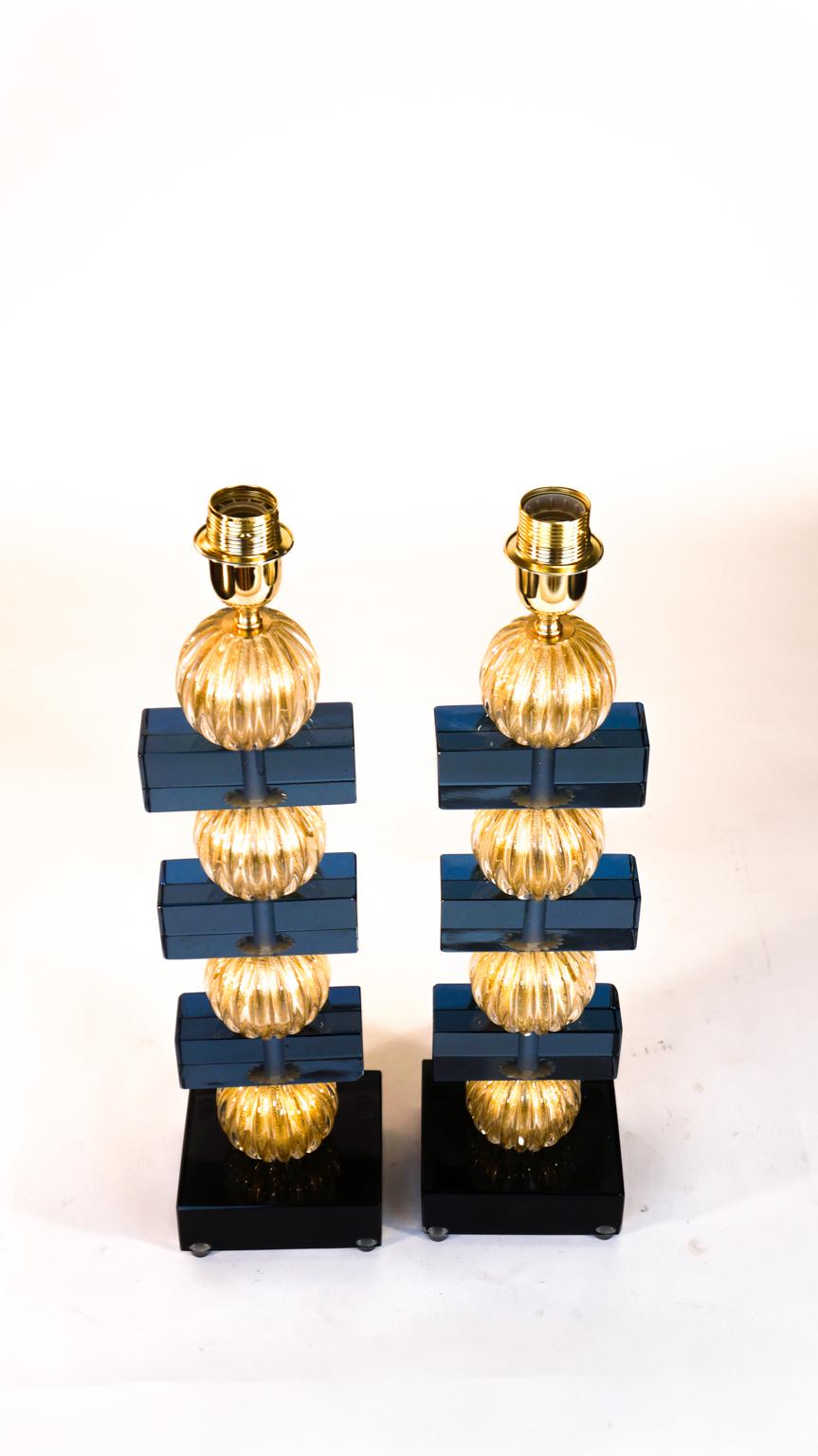 Alberto Donà Murano Pair of Blue Gold Venetian Glass Table Lamps, 1980s For Sale 13