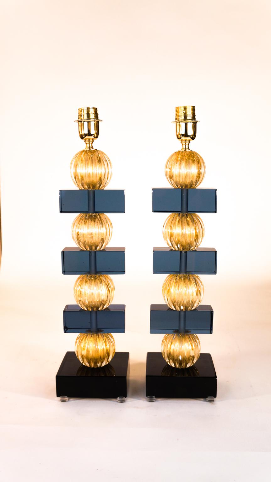 Mid-Century Modern Alberto Donà Murano Pair of Blue Gold Venetian Glass Table Lamps, 1980s For Sale