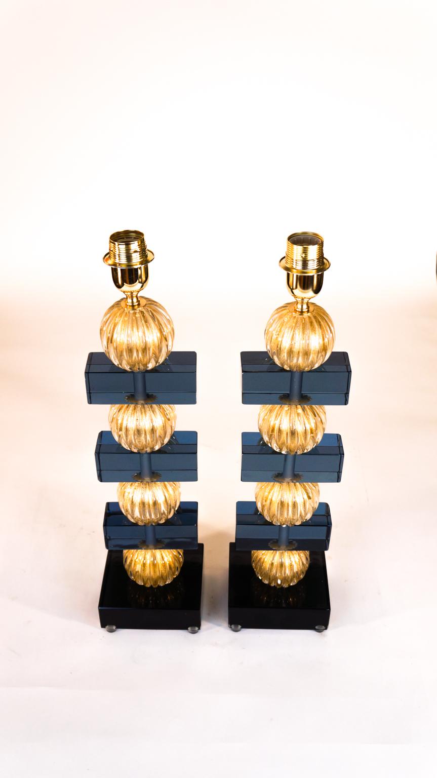 Italian Alberto Donà Murano Pair of Blue Gold Venetian Glass Table Lamps, 1980s For Sale