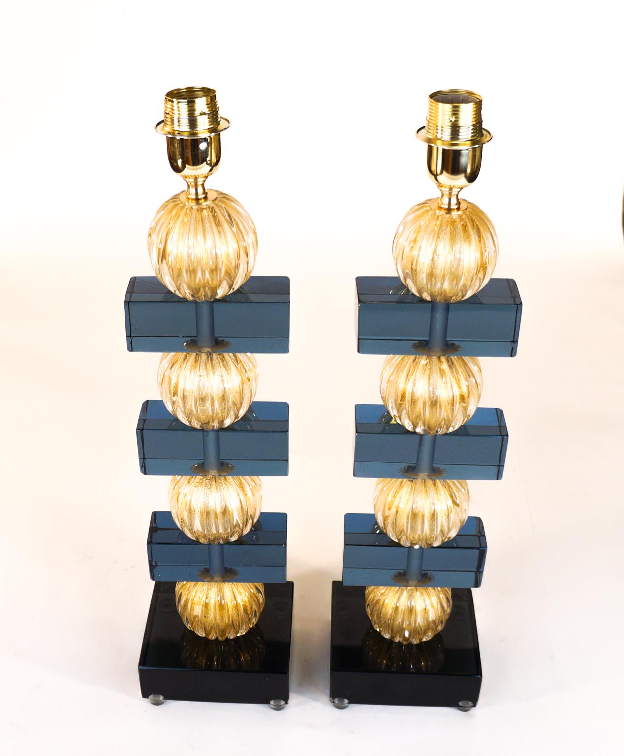 Zwei blau-goldene venezianische Muranoglas-Tischlampen von Alberto Donà, 1980er Jahre (Handgefertigt) im Angebot