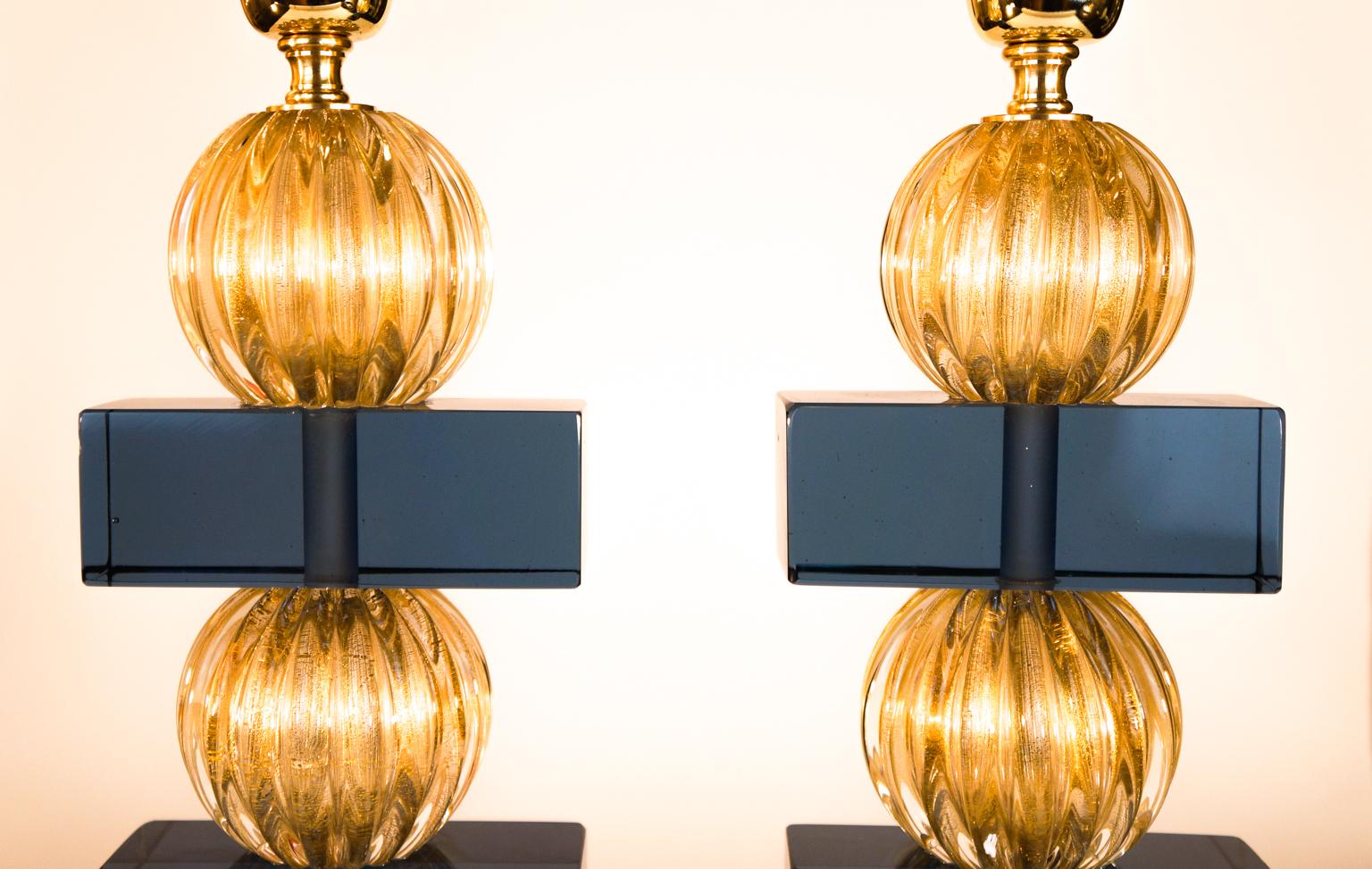 Zwei blau-goldene venezianische Muranoglas-Tischlampen von Alberto Donà, 1980er Jahre im Angebot 1