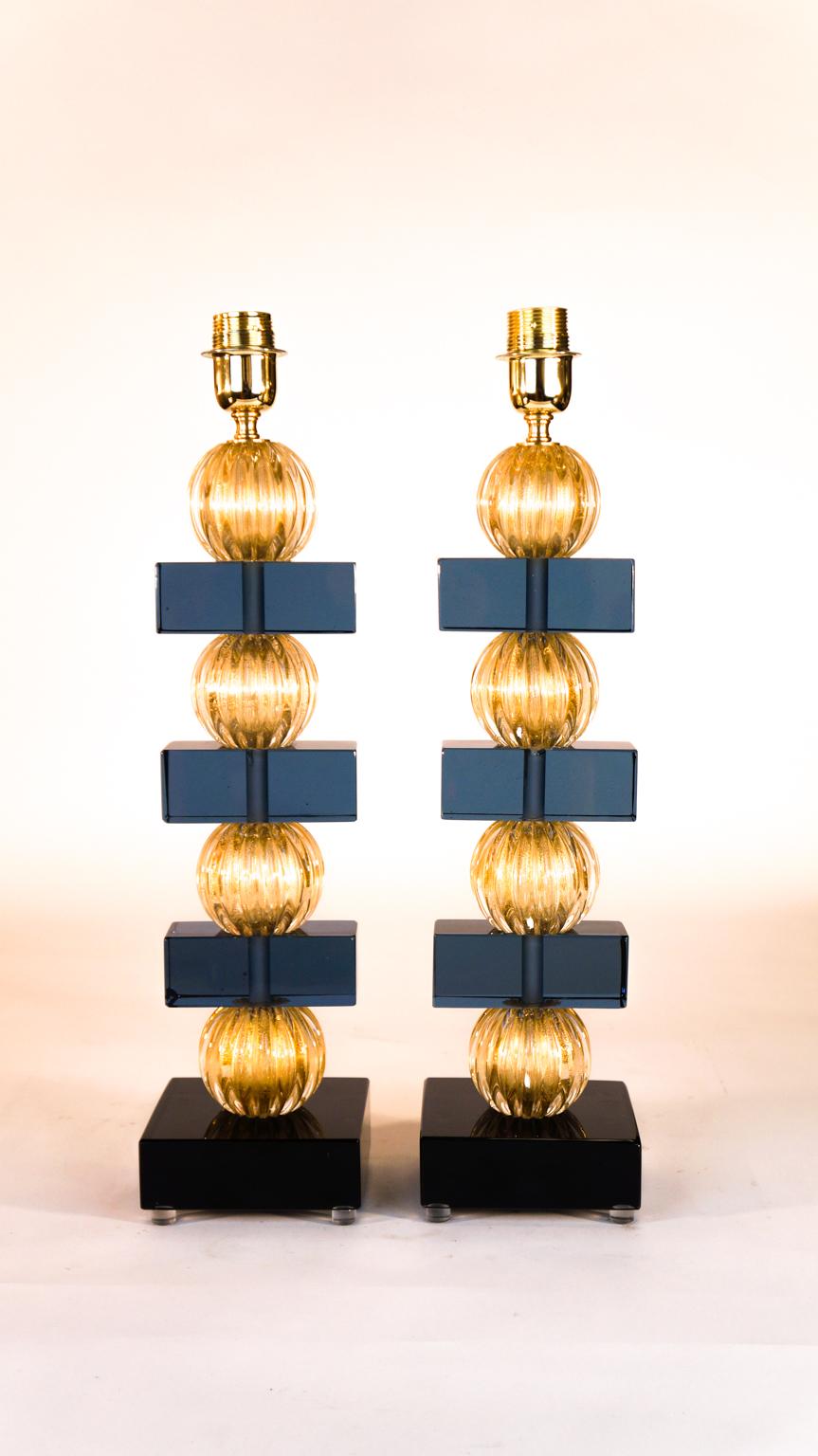 Alberto Donà Murano Pair of Blue Gold Venetian Glass Table Lamps, 1980s For Sale 2