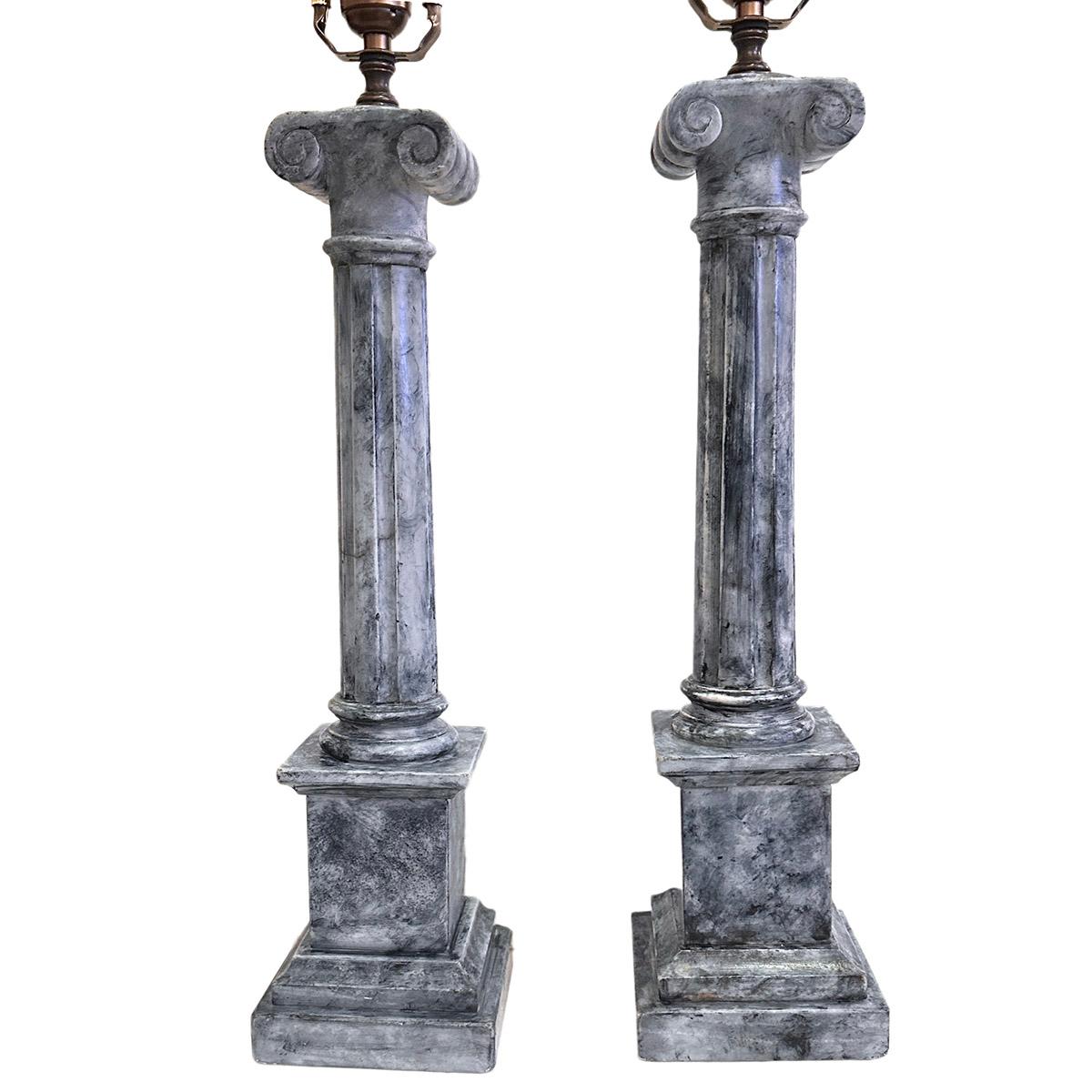Pair of Italian 1940's blue-gray alabaster column lamps.

Measurements:
Height of body: 25