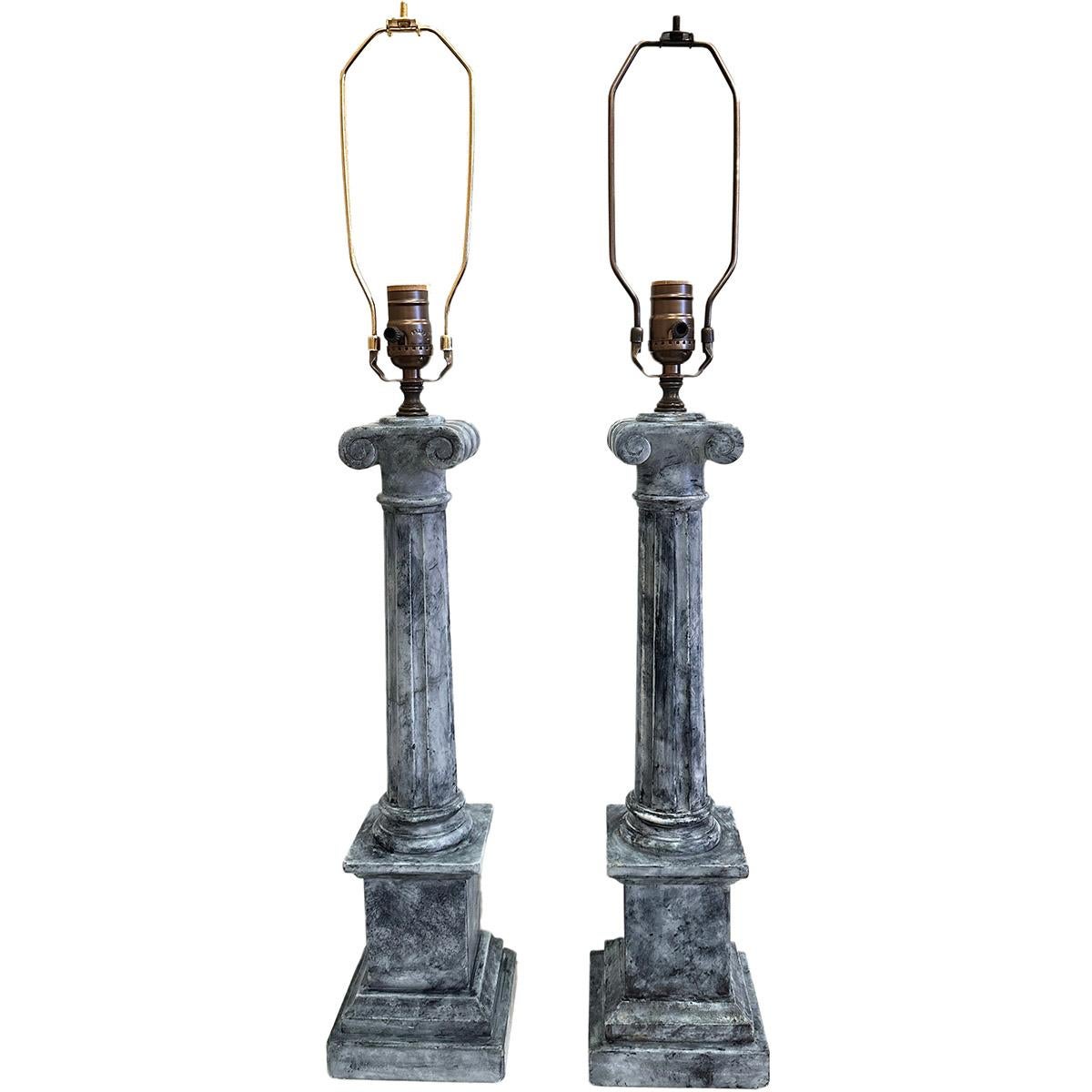 Italian Pair of Blue Gray Alabaster Lamps For Sale