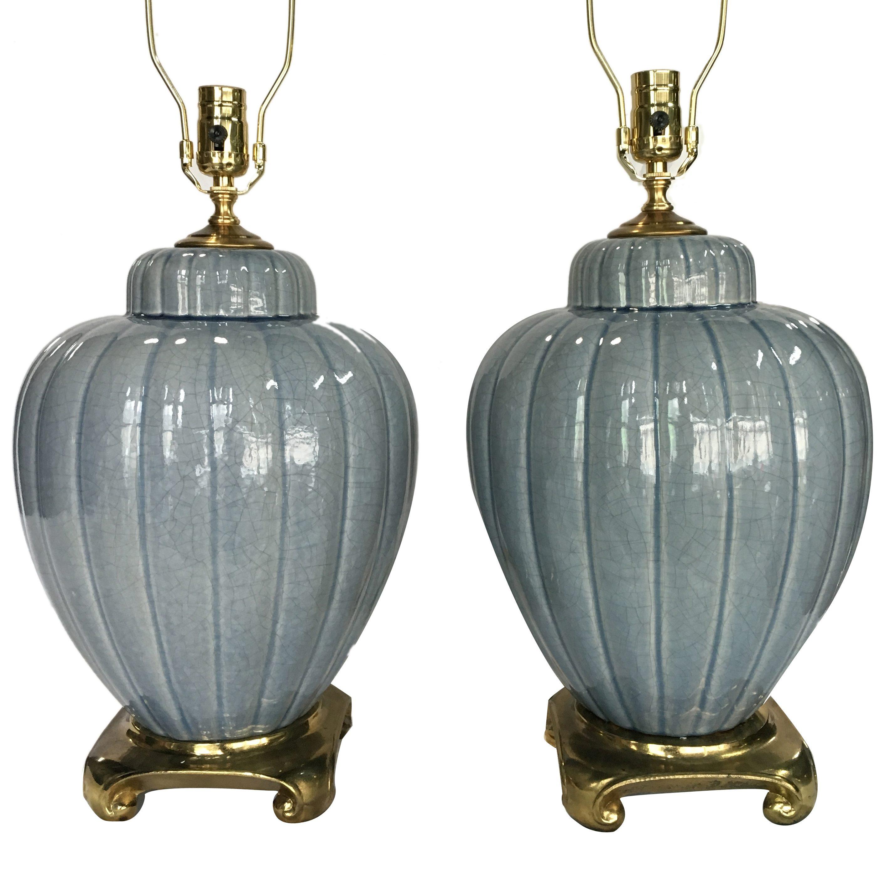 Ceramic Pair of Blue-Gray Glazed Porcelain Table Lamps