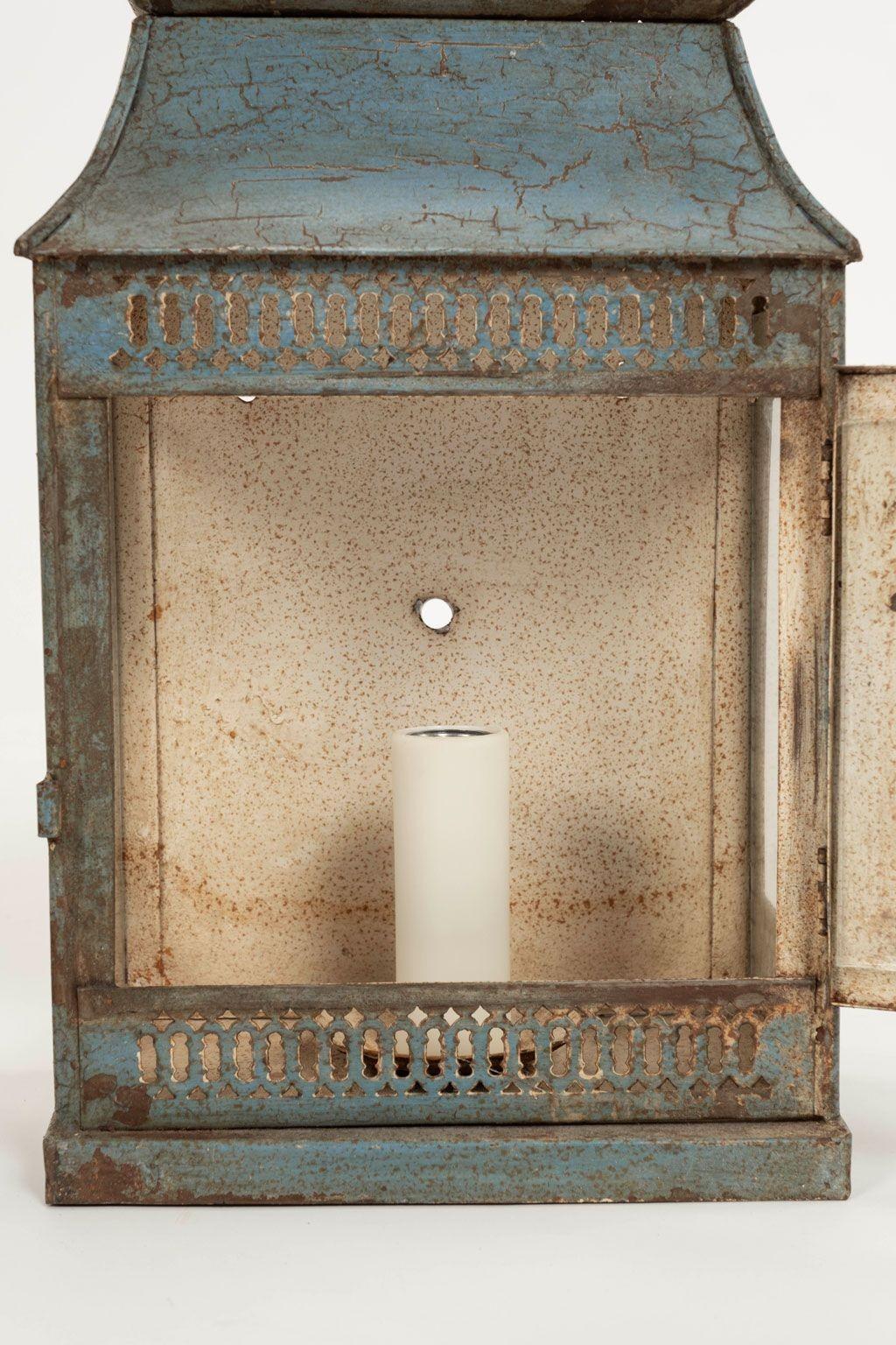 Pair of Blue-Gray Painted Tole Wall Lanterns 3