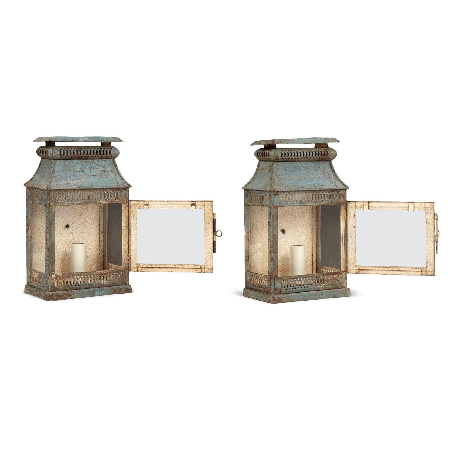 Pair of Blue-Gray Painted Tole Wall Lanterns 4