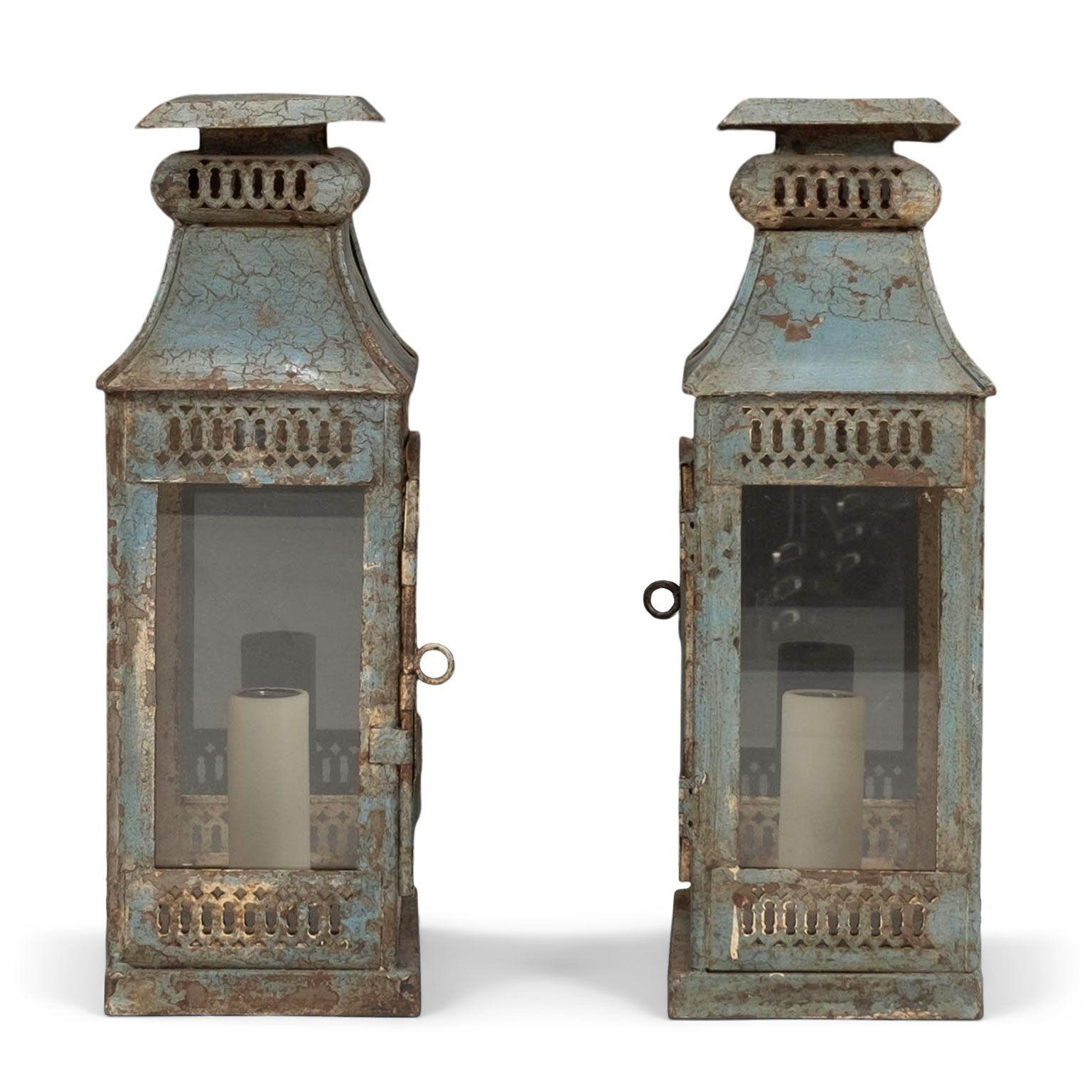Pair of Blue-Gray Painted Tole Wall Lanterns 9
