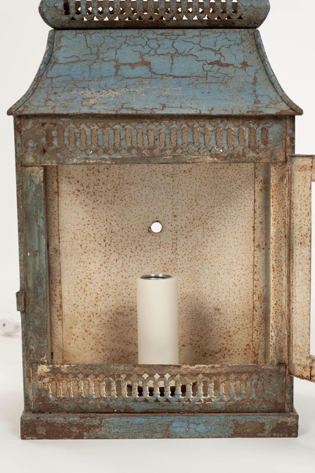 Pair of Blue-Gray Painted Tole Wall Lanterns 2