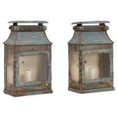 Antique Pair of Blue-Gray Painted Tole Wall Lanterns