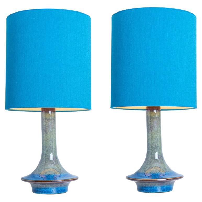 Pair of Blue Green Ceramic Cone Table Lamps by Soholm, Denmark 1960