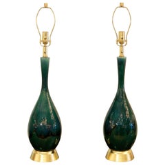 Pair of Blue-Green Drip Glaze and Gilt Royal Haeger Attributed Lamps