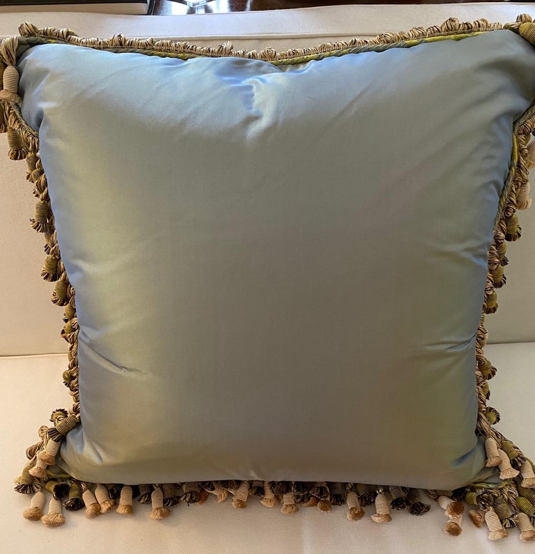 Large Pair of Blue/Green Silk Cushions For Sale at 1stDibs