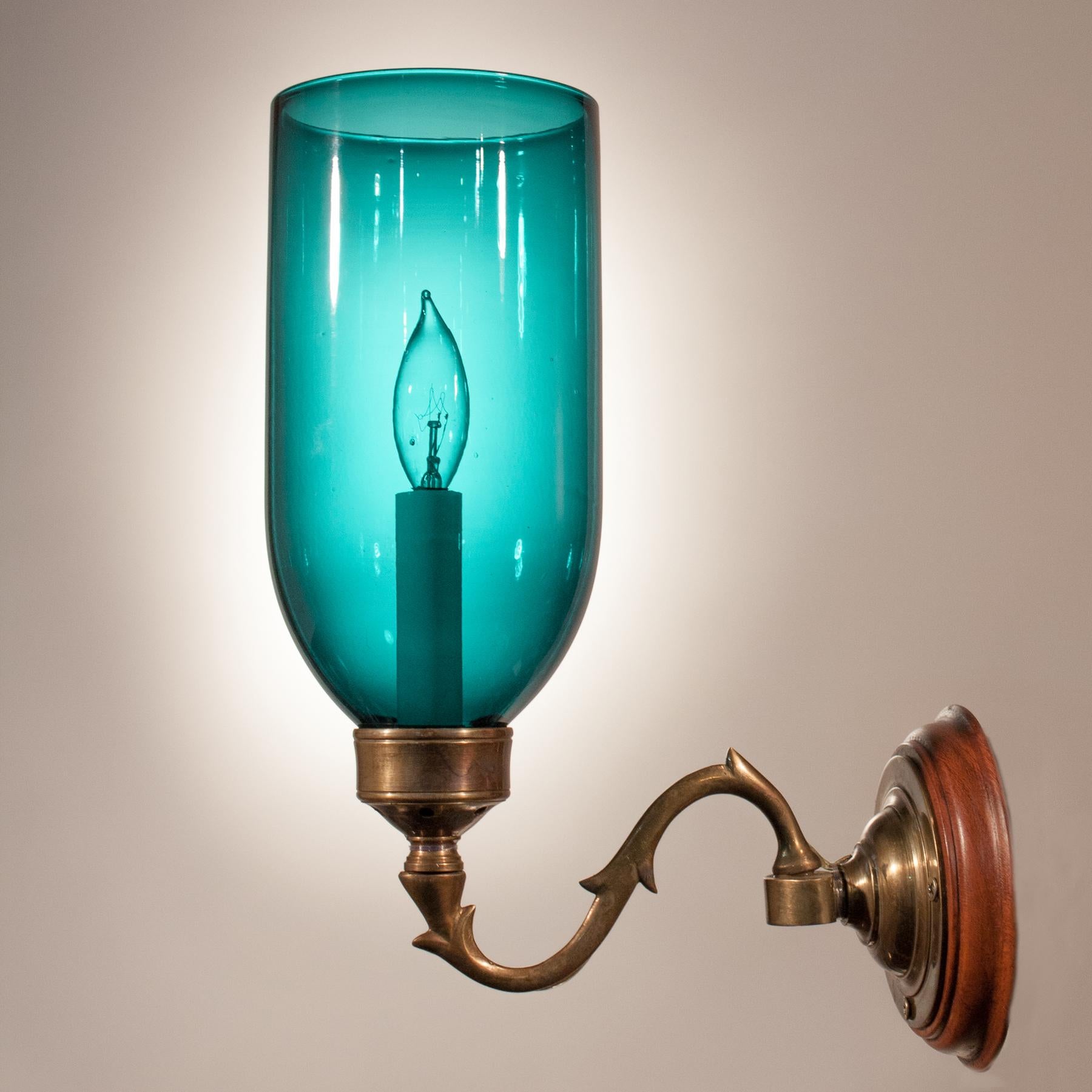 Victorian Pair of Blue Green Teal Hurricane Shade Wall Sconces
