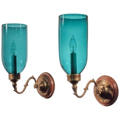 Antique Pair of Blue Green Teal Hurricane Shade Wall Sconces