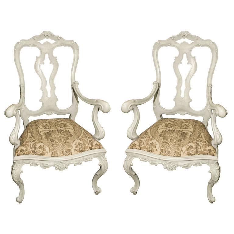 Pair of Blue-Grey Painted Venetian Rococo Style Armchairs