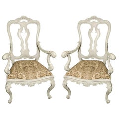 Antique Pair of Blue-Grey Painted Venetian Rococo Style Armchairs