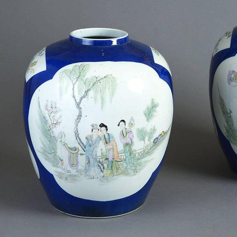Chinese Pair of Blue Ground Famille Rose 19th Century Porcelain Jar Vases