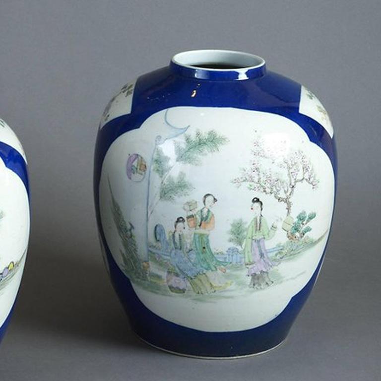 Pair of Blue Ground Famille Rose 19th Century Porcelain Jar Vases In Good Condition In London, GB