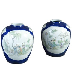 Pair of Blue Ground Famille Rose 19th Century Porcelain Jar Vases