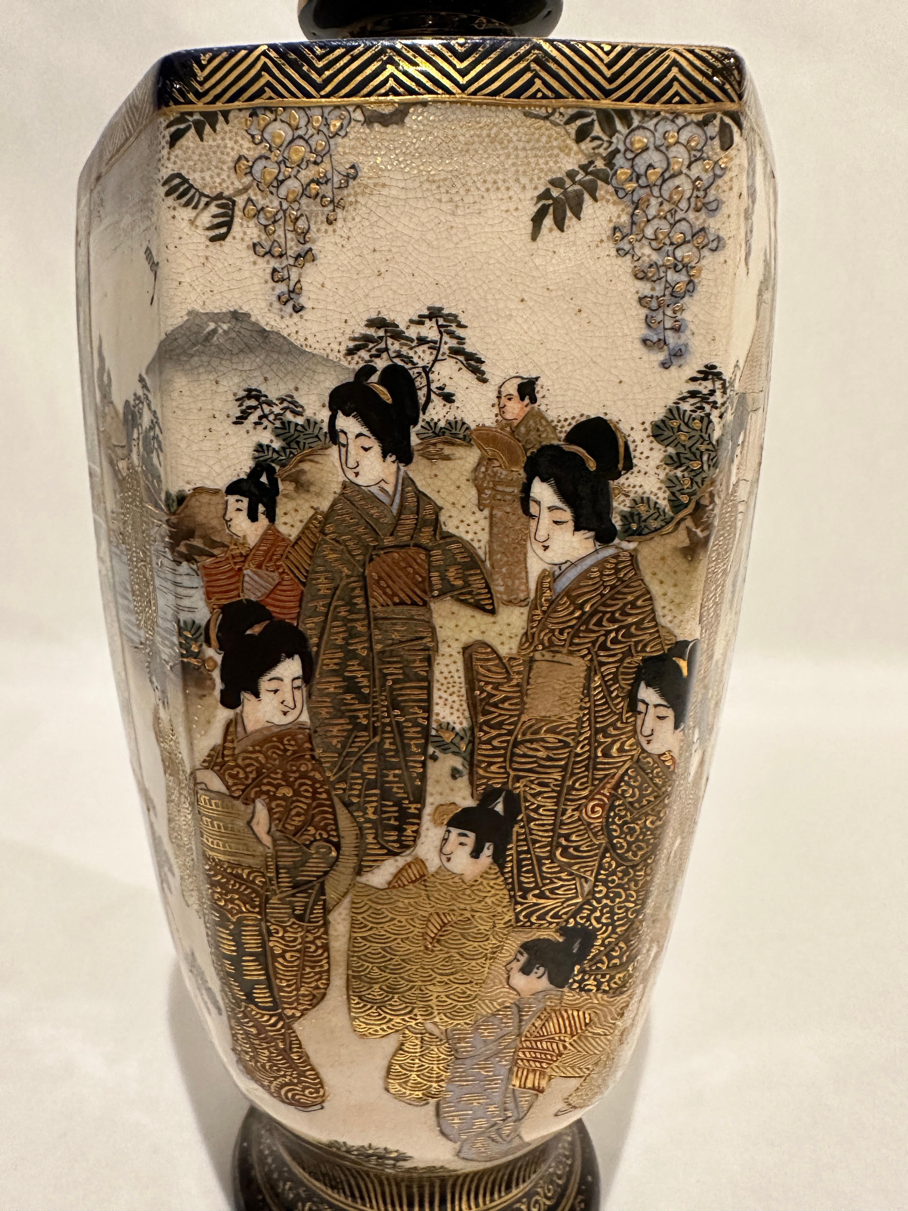 Ceramic Pair of Blue Ground Japanese Satsuma Vases For Sale