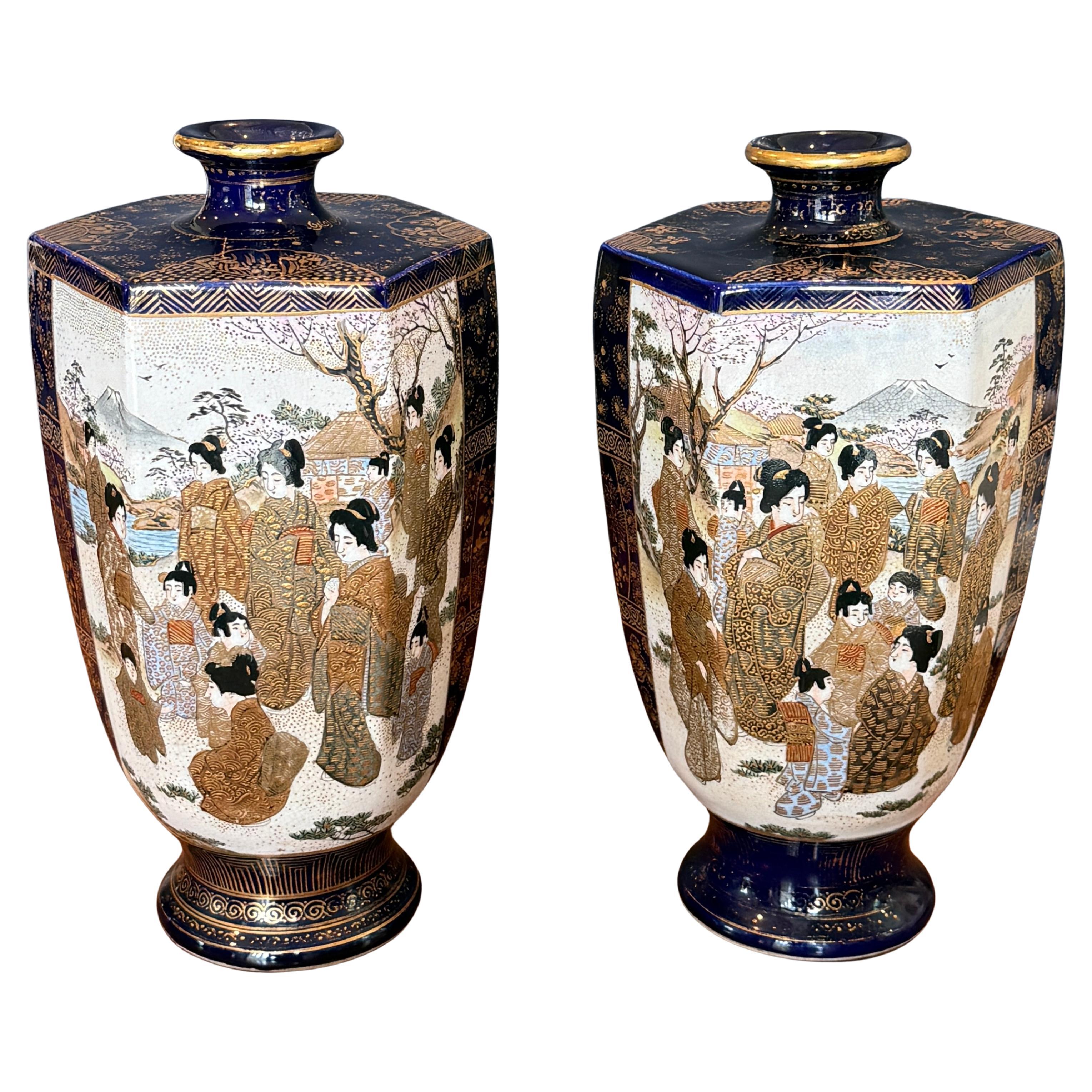 Pair of Blue Ground Japanese Satsuma Vases