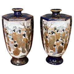 Pair of Blue Ground Japanese Satsuma Vases