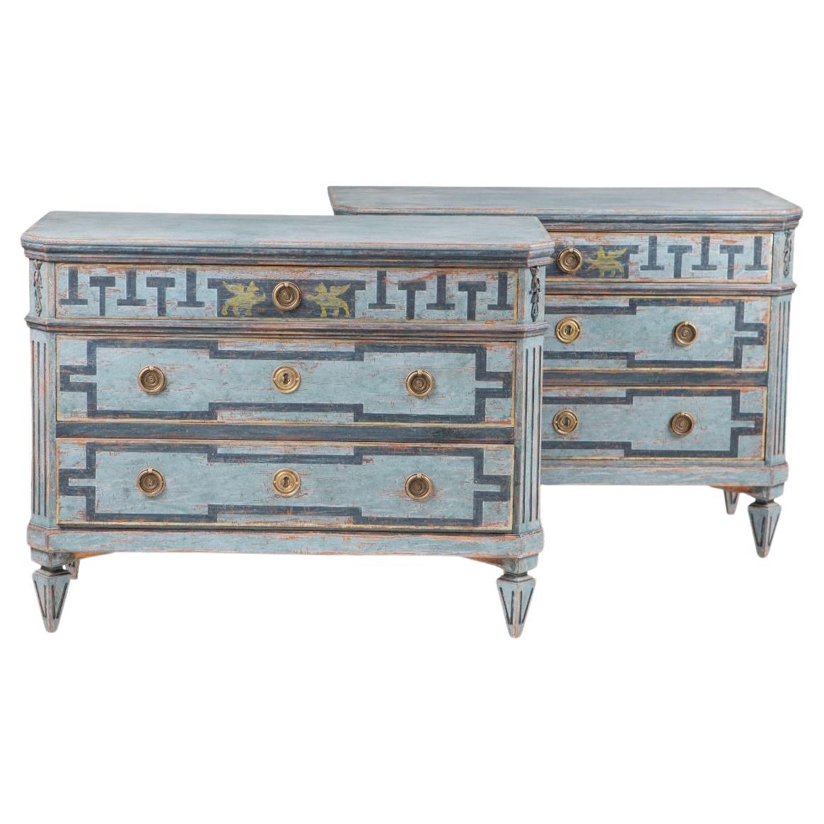 Pair of Blue Gustavian Chests of Drawers, Gustavian Style, Sweden