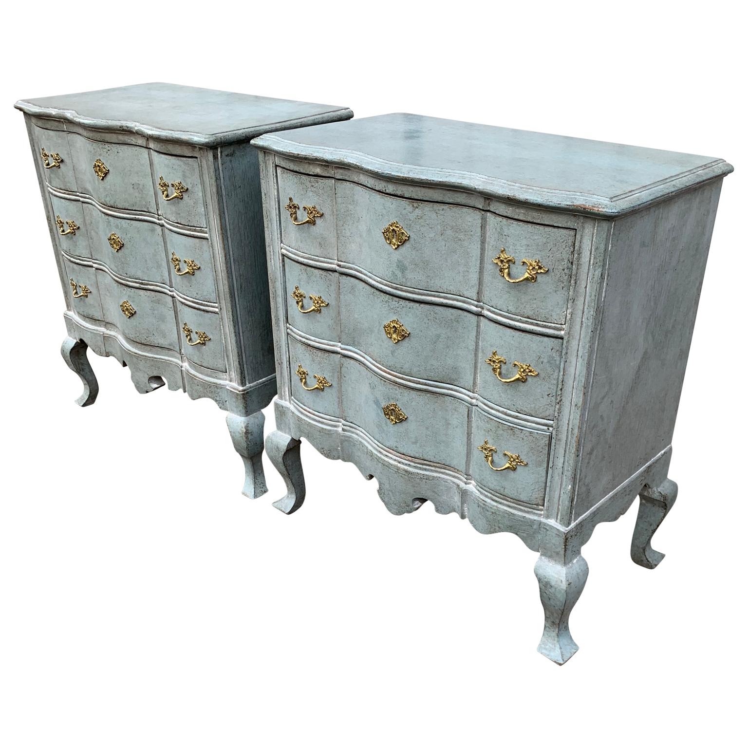 Swedish Pair of Blue Gustavian Style Painted Rococo Style Chests of Drawers
