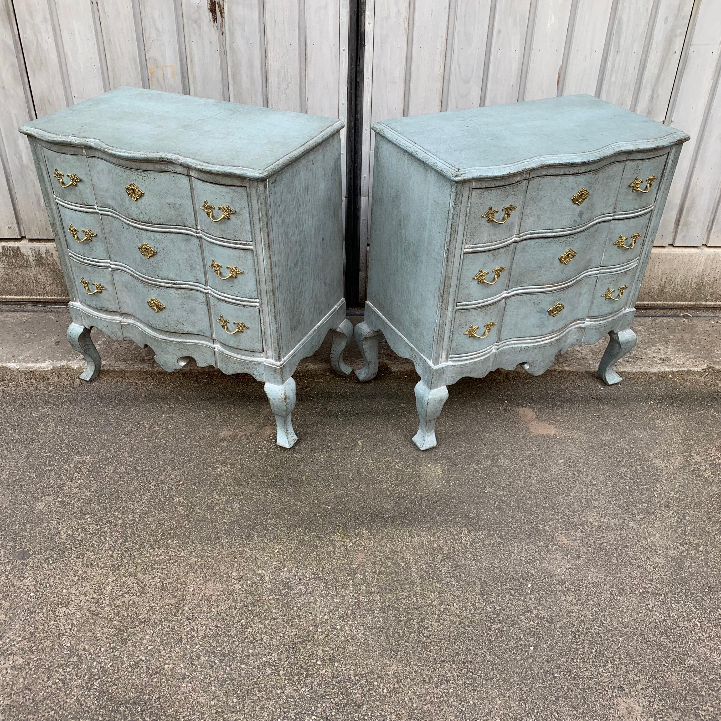 20th Century Pair of Blue Gustavian Style Painted Rococo Style Chests of Drawers