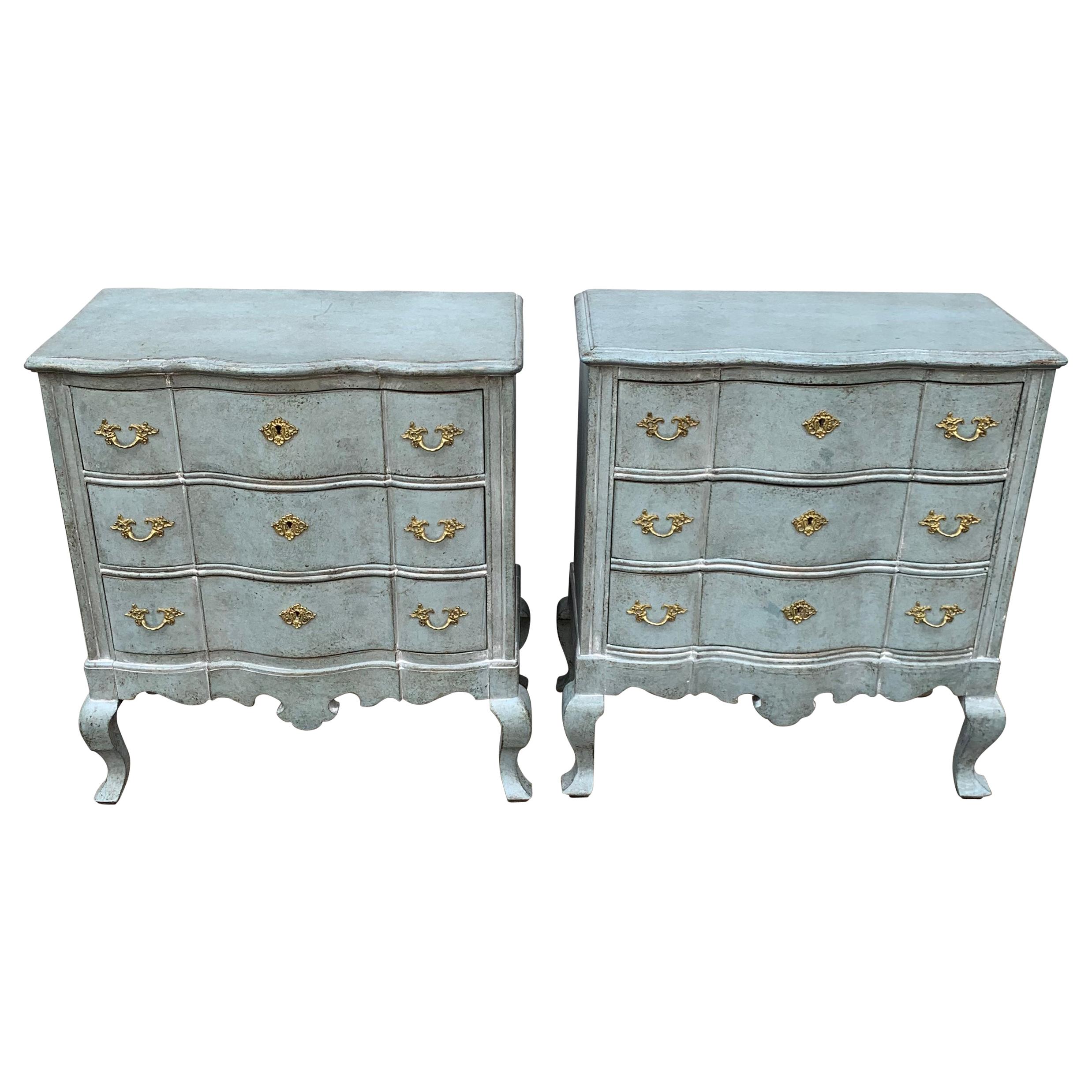 Pair of Blue Gustavian Style Painted Rococo Style Chests of Drawers