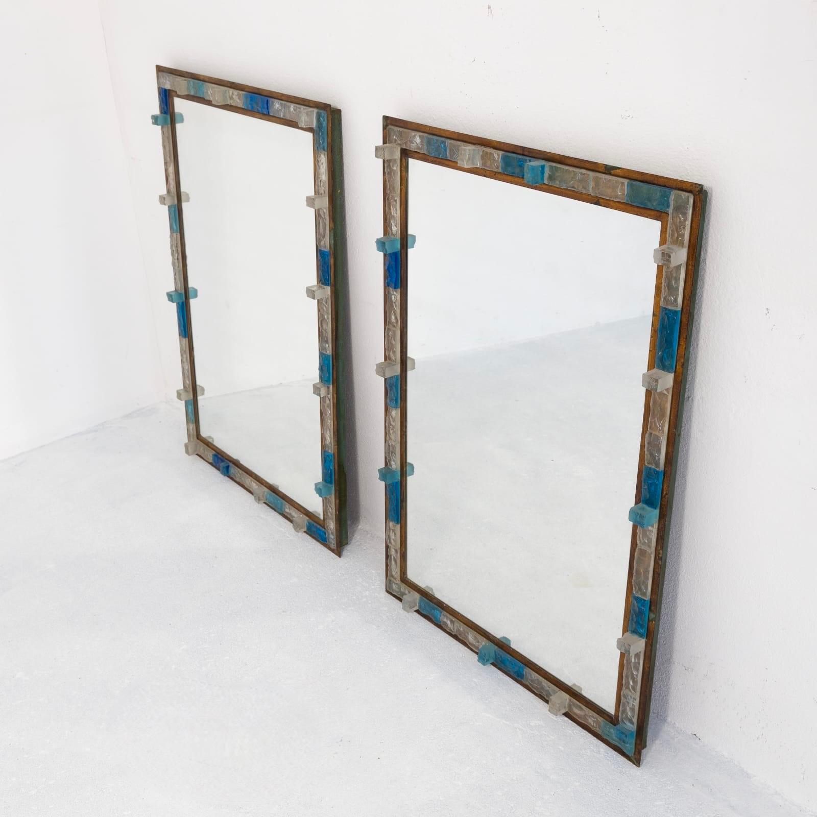 Pair of Blue Hammered Glass Gilt Wrought Iron Mirrors by Poliarte, Italy, 1970s 3