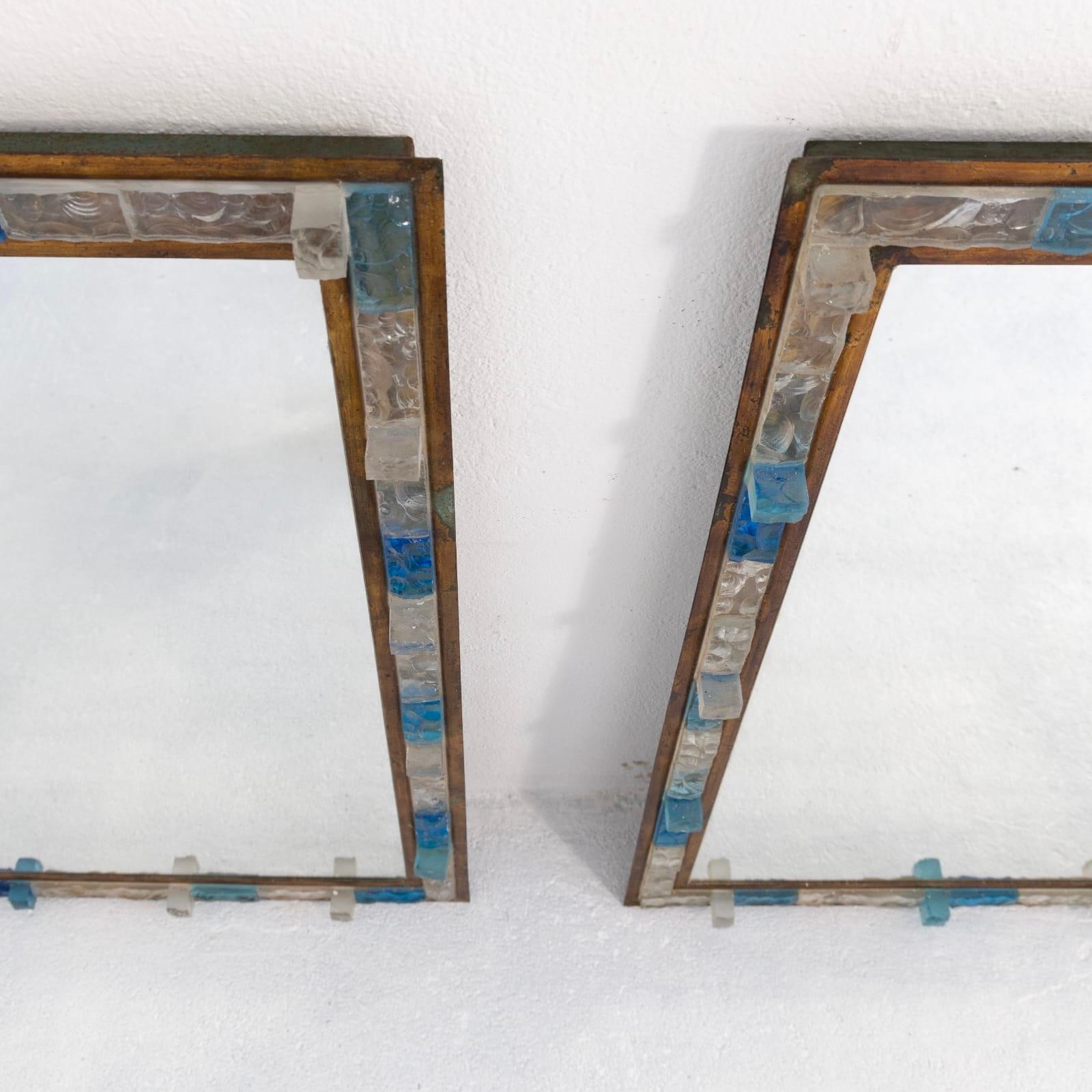 Brutalist Pair of Blue Hammered Glass Gilt Wrought Iron Mirrors by Poliarte, Italy, 1970s