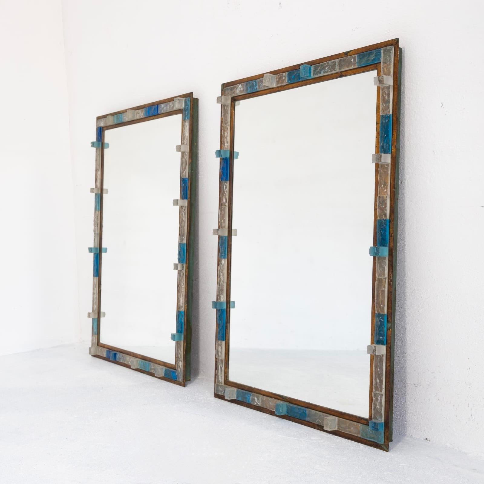 Pair of Blue Hammered Glass Gilt Wrought Iron Mirrors by Poliarte, Italy, 1970s In Good Condition In SAINT-OUEN, FR