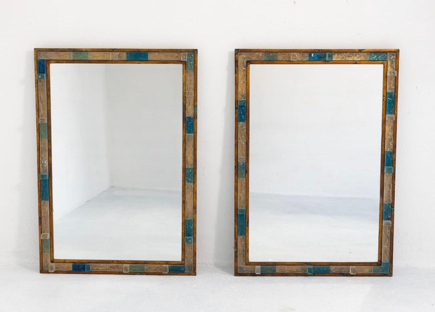Late 20th Century Pair of Blue Hammered Glass Gilt Wrought Iron Mirrors by Poliarte, Italy, 1970s