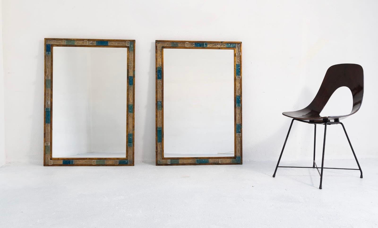 Pair of Blue Hammered Glass Gilt Wrought Iron Mirrors by Poliarte, Italy, 1970s 2