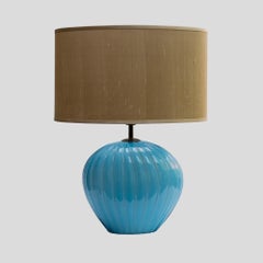 Pair of Blue hand blown ribbed murano glass table lamps by Tommaso Barbi