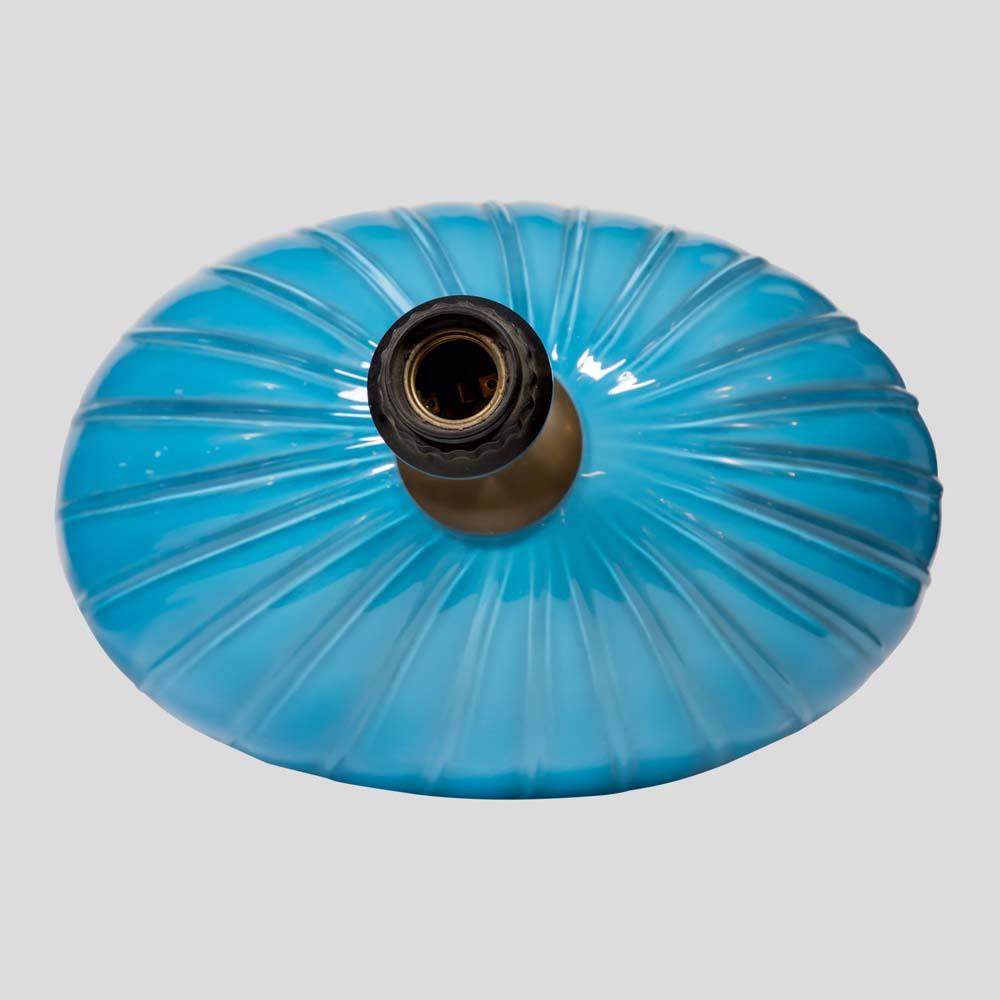 Pair of Blue hand blown ribbed murano glass table lamps by Tommaso Barbi In Good Condition For Sale In London, GB