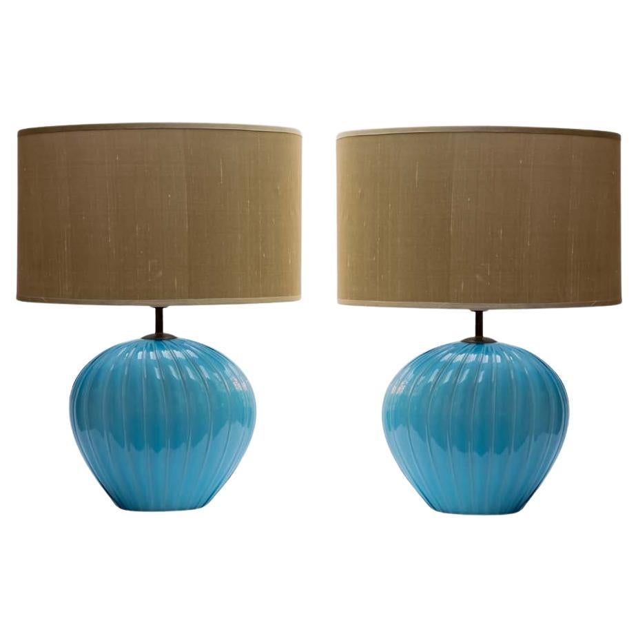 Pair of Blue hand blown ribbed murano glass table lamps by Tommaso Barbi  For Sale