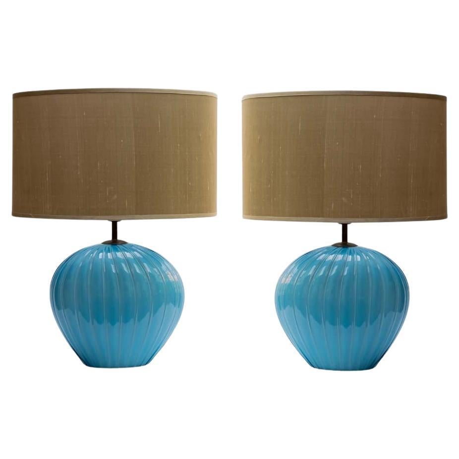 Pareja de lámparas de sobremesa azules de cristal de Murano soplado a mano de Tommaso Barbi