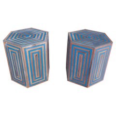 Pair of Blue Hexagonal Tables with Geometric Marquetry