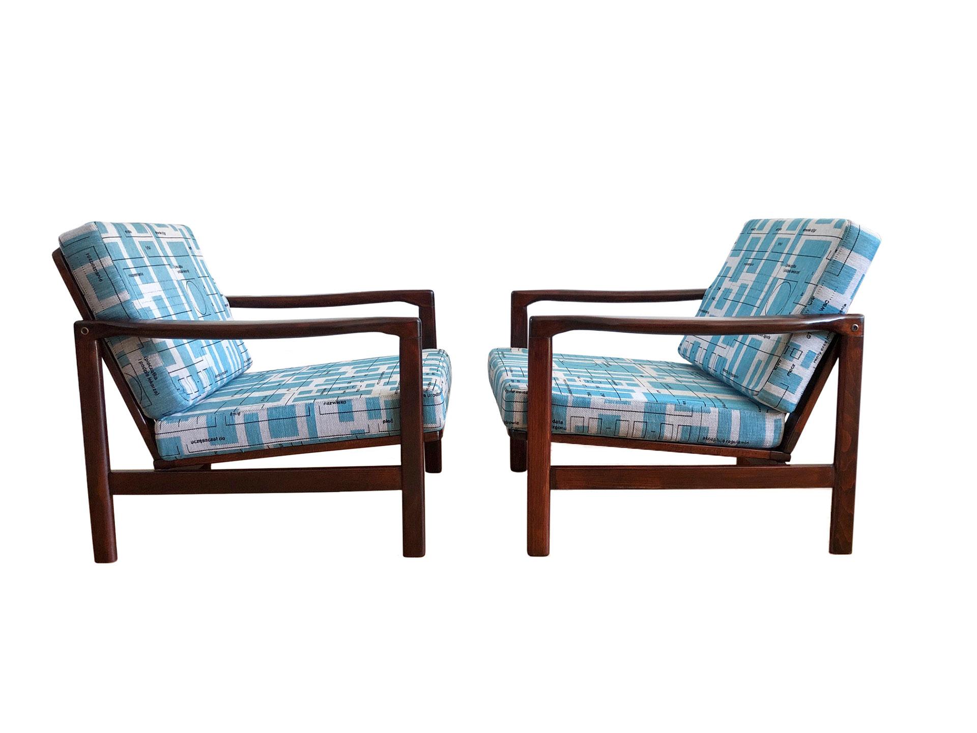Pair of Blue Jacquard Mid-Century Armchairs by Zenon Bączyk, 1960s For Sale 3