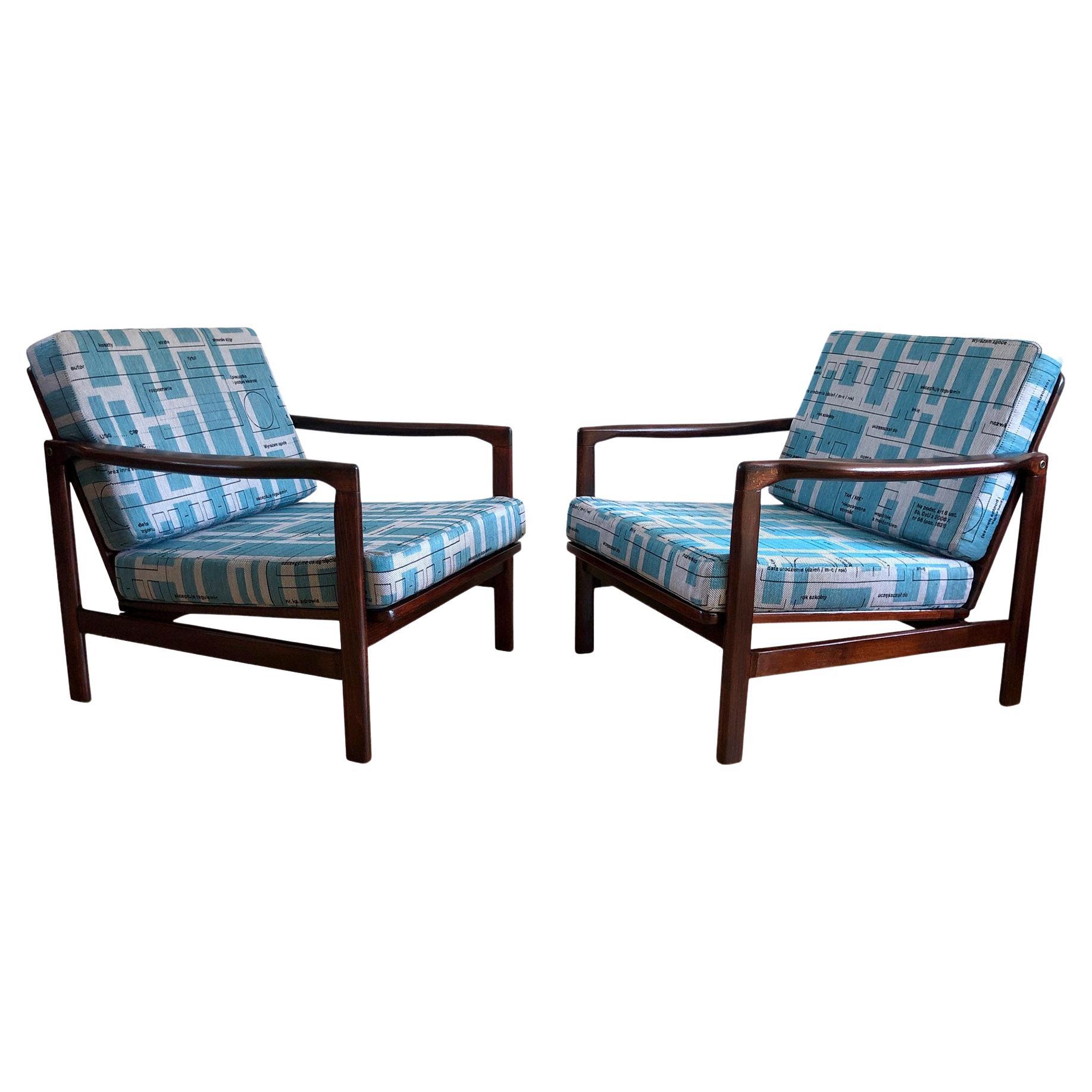 Pair of Blue Jacquard Mid-Century Armchairs by Zenon Bączyk, 1960s For Sale